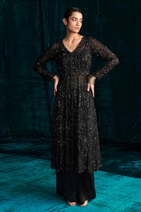 Kashmiraa Black Organza, Georgette Sequins, Cut Work, Dana Embroidered Jacket Pant Set Online at Aza Fashions Kashmiraa_Black Organza, Georgette Sequins, Cut Work, Dana Embroidered Jacket Pant Set _Online_at_Aza_Fashions