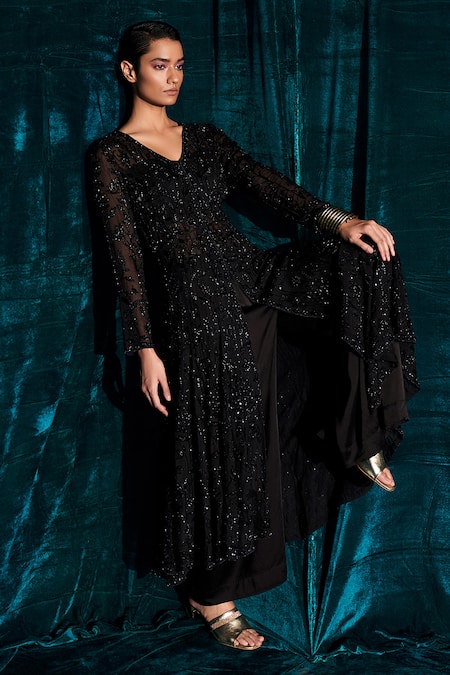 Buy Kashmiraa Black Organza, Georgette Sequins, Cut Work, Dana Embroidered Jacket Pant Set Online at Aza Fashions Buy_Kashmiraa_Black Organza, Georgette Sequins, Cut Work, Dana Embroidered Jacket Pant Set _Online_at_Aza_Fashions