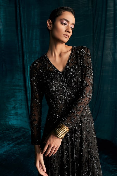 Shop Kashmiraa Black Organza, Georgette Sequins, Cut Work, Dana Embroidered Jacket Pant Set Online at Aza Fashions Shop_Kashmiraa_Black Organza, Georgette Sequins, Cut Work, Dana Embroidered Jacket Pant Set _Online_at_Aza_Fashions