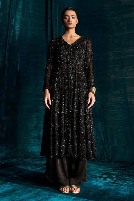 Kashmiraa Black Organza, Georgette Sequins, Cut Work, Dana Embroidered Jacket Pant Set at Aza Fashions Kashmiraa_Black Organza, Georgette Sequins, Cut Work, Dana Embroidered Jacket Pant Set _at_Aza_Fashions