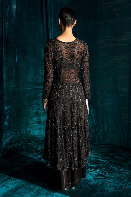 Shop Kashmiraa Black Organza, Georgette Sequins, Cut Work, Dana Embroidered Jacket Pant Set at Aza Fashions Shop_Kashmiraa_Black Organza, Georgette Sequins, Cut Work, Dana Embroidered Jacket Pant Set _at_Aza_Fashions