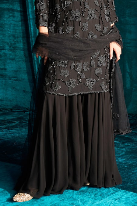 Kashmiraa Black Organza, Georgette Beads, Pearls Round Neck Embroidered Kurta Sharara Set Online at Aza Fashions Kashmiraa_Black Organza, Georgette Beads, Pearls Round Neck Embroidered Kurta Sharara Set _Online_at_Aza_Fashions
