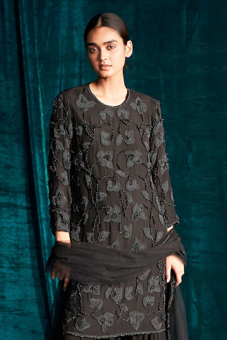 Buy Kashmiraa Black Organza, Georgette Beads, Pearls Round Neck Embroidered Kurta Sharara Set Online at Aza Fashions Buy_Kashmiraa_Black Organza, Georgette Beads, Pearls Round Neck Embroidered Kurta Sharara Set _Online_at_Aza_Fashions
