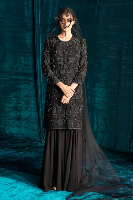 Shop Kashmiraa Black Organza, Georgette Beads, Pearls Round Neck Embroidered Kurta Sharara Set Online at Aza Fashions Shop_Kashmiraa_Black Organza, Georgette Beads, Pearls Round Neck Embroidered Kurta Sharara Set _Online_at_Aza_Fashions
