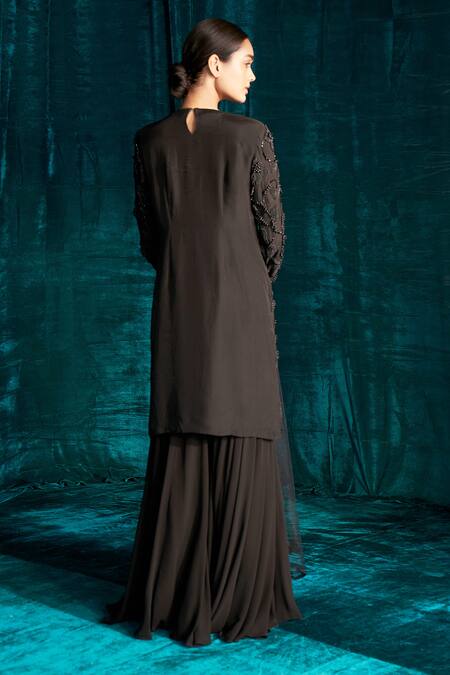 Shop Kashmiraa Black Organza, Georgette Beads, Pearls Round Neck Embroidered Kurta Sharara Set at Aza Fashions Shop_Kashmiraa_Black Organza, Georgette Beads, Pearls Round Neck Embroidered Kurta Sharara Set _at_Aza_Fashions