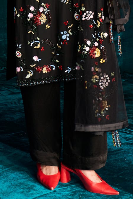 Buy_Kashmiraa_Black Organza, Georgette Embroidery, Sequins, Cut Work Dana Kurta Pant Set _Online_at_Aza_Fashions