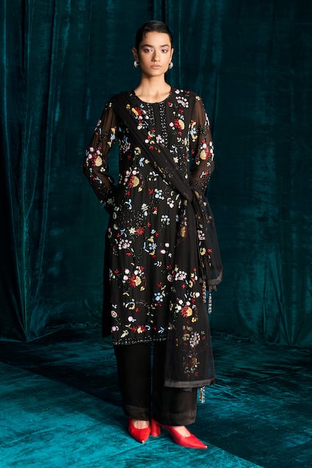 Shop_Kashmiraa_Black Organza, Georgette Embroidery, Sequins, Cut Work Dana Kurta Pant Set _Online_at_Aza_Fashions