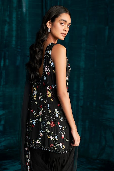 Shop Kashmiraa Black Organza, Georgette Cut Work, Sequins, Floral Dana Kurta Sharara Set at Aza Fashions Shop_Kashmiraa_Black Organza, Georgette Cut Work, Sequins, Floral Dana Kurta Sharara Set _at_Aza_Fashions