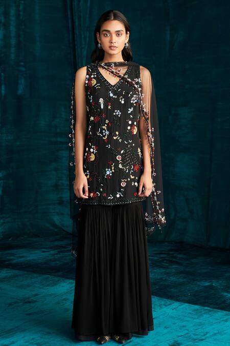 Buy Kashmiraa Black Organza, Georgette Cut Work, Sequins, Floral Dana Kurta Sharara Set Online at Aza Fashions Buy_Kashmiraa_Black Organza, Georgette Cut Work, Sequins, Floral Dana Kurta Sharara Set _Online_at_Aza_Fashions