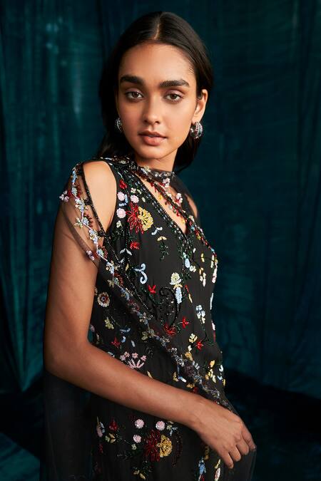Shop Kashmiraa Black Organza, Georgette Cut Work, Sequins, Floral Dana Kurta Sharara Set Online at Aza Fashions Shop_Kashmiraa_Black Organza, Georgette Cut Work, Sequins, Floral Dana Kurta Sharara Set _Online_at_Aza_Fashions