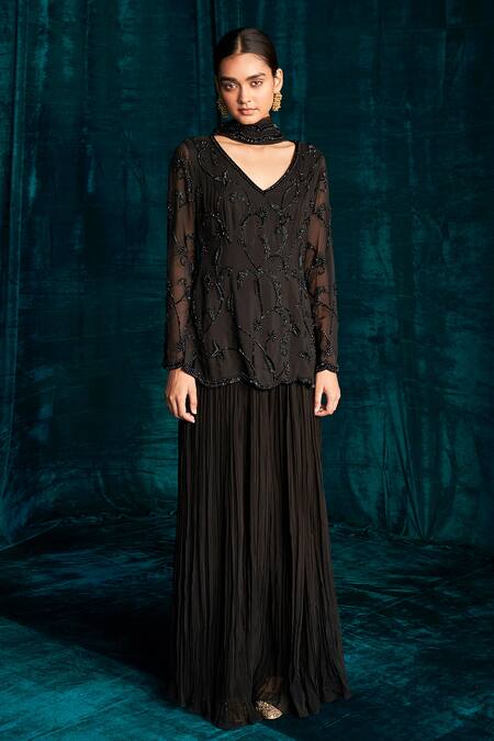 Kashmiraa_Black Organza, Georgette Beads, Pearls, Cut Work Embroidered Kurta Sharara Set _Online_at_Aza_Fashions