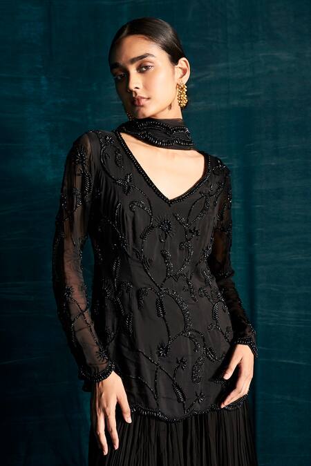 Buy_Kashmiraa_Black Organza, Georgette Beads, Pearls, Cut Work Embroidered Kurta Sharara Set _Online_at_Aza_Fashions