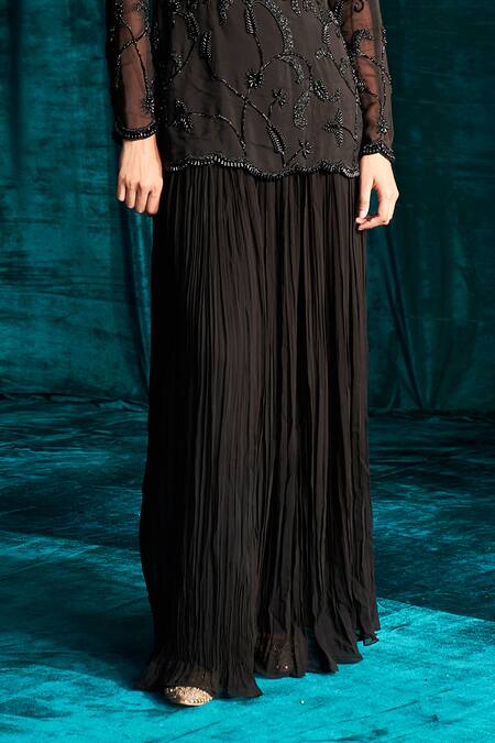 Shop_Kashmiraa_Black Organza, Georgette Beads, Pearls, Cut Work Embroidered Kurta Sharara Set _Online_at_Aza_Fashions