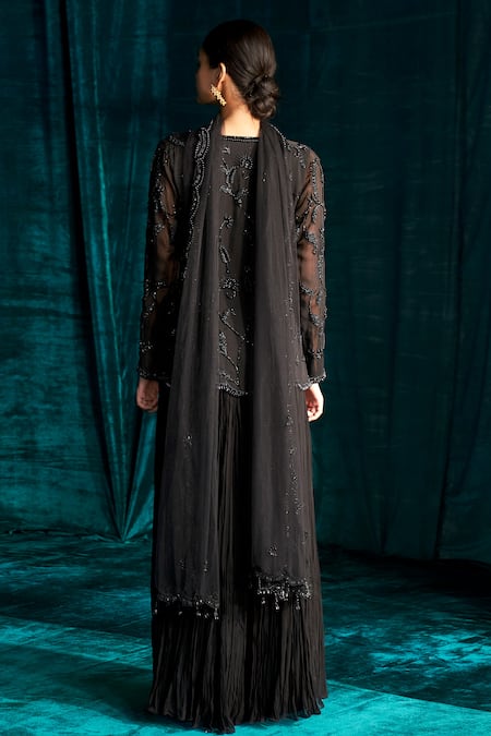 Kashmiraa_Black Organza, Georgette Beads, Pearls, Cut Work Embroidered Kurta Sharara Set _at_Aza_Fashions