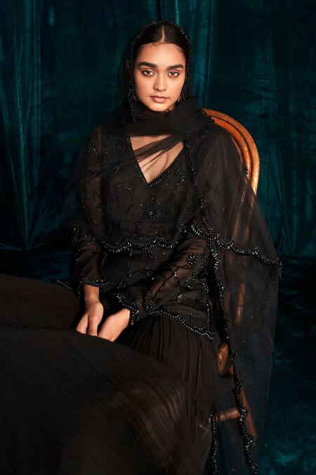 Buy_Kashmiraa_Black Organza, Georgette Beads, Pearls, Cut Work Embroidered Kurta Sharara Set 