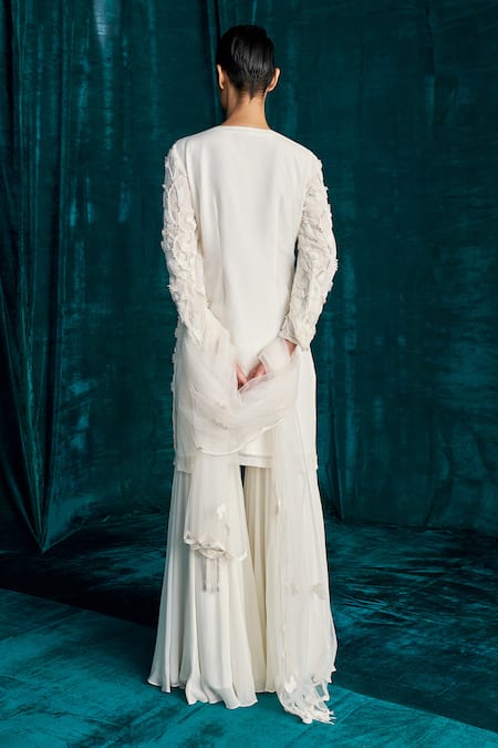 Shop Kashmiraa Ivory Organza, Georgette Beads, Pearls Floral Embroidered Kurta Sharara Set at Aza Fashions Shop_Kashmiraa_Ivory Organza, Georgette Beads, Pearls Floral Embroidered Kurta Sharara Set _at_Aza_Fashions