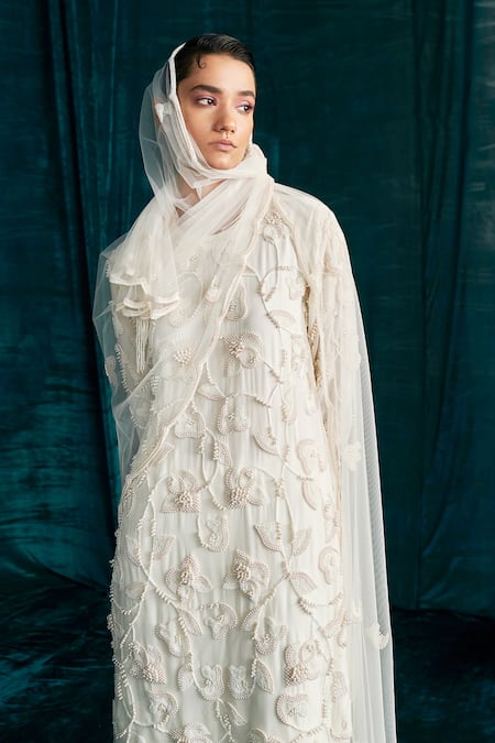 Shop Kashmiraa Ivory Organza, Georgette Beads, Pearls Floral Embroidered Kurta Sharara Set Online at Aza Fashions Shop_Kashmiraa_Ivory Organza, Georgette Beads, Pearls Floral Embroidered Kurta Sharara Set _Online_at_Aza_Fashions
