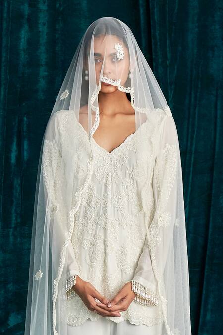 Kashmiraa Ivory Georgette Embroidery, Cut Work, Sequins Paisley Dana Kurta Sharara Set Online at Aza Fashions Kashmiraa_Ivory Georgette Embroidery, Cut Work, Sequins Paisley Dana Kurta Sharara Set _Online_at_Aza_Fashions