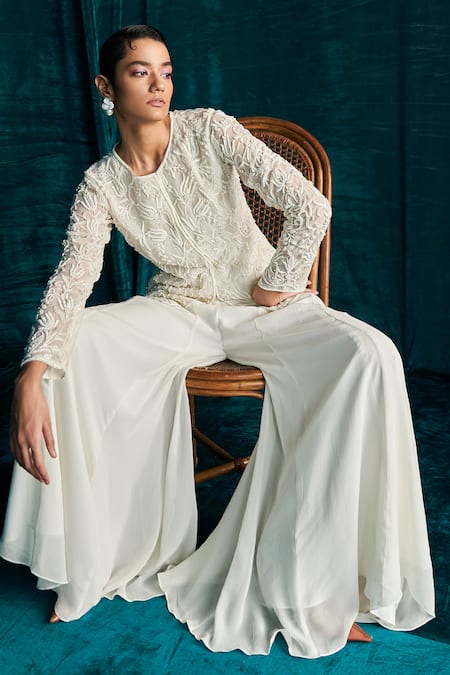 Kashmiraa Ivory Organza, Georgette Beads, Cut Work Pearl Embroidered Jacket And Palazzo Set Online at Aza Fashions Kashmiraa_Ivory Organza, Georgette Beads, Cut Work Pearl Embroidered Jacket And Palazzo Set _Online_at_Aza_Fashions