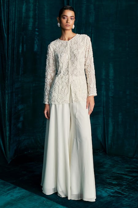 Shop Kashmiraa Ivory Organza, Georgette Beads, Cut Work Pearl Embroidered Jacket And Palazzo Set Online at Aza Fashions Shop_Kashmiraa_Ivory Organza, Georgette Beads, Cut Work Pearl Embroidered Jacket And Palazzo Set _Online_at_Aza_Fashions