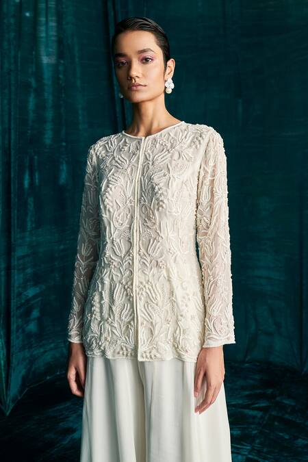 Kashmiraa Ivory Organza, Georgette Beads, Cut Work Pearl Embroidered Jacket And Palazzo Set at Aza Fashions Kashmiraa_Ivory Organza, Georgette Beads, Cut Work Pearl Embroidered Jacket And Palazzo Set _at_Aza_Fashions