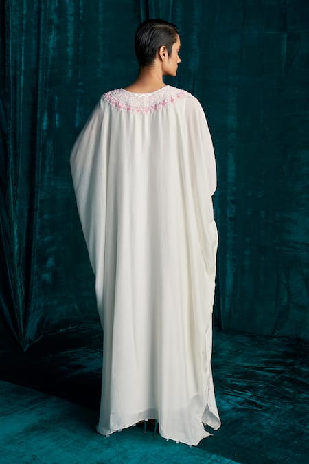 Shop Kashmiraa Ivory Silk Sequins, Cut Work V-neck Thread And Dana Embroidered Kaftan at Aza Fashions Shop_Kashmiraa_Ivory Silk Sequins, Cut Work V-neck Thread And Dana Embroidered Kaftan _at_Aza_Fashions