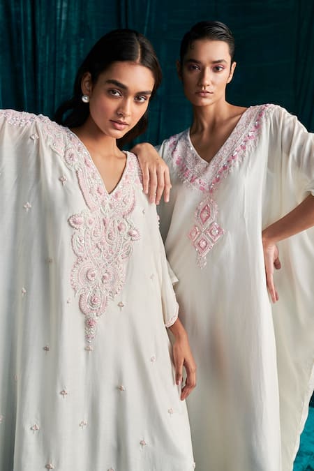 Kashmiraa Ivory Silk Sequins, Cut Work V-neck Thread And Dana Embroidered Kaftan Online at Aza Fashions Kashmiraa_Ivory Silk Sequins, Cut Work V-neck Thread And Dana Embroidered Kaftan _Online_at_Aza_Fashions