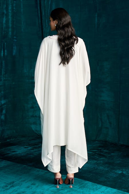 Shop Kashmiraa Ivory V-neck Embroidered Kaftan And Pant Set at Aza Fashions Shop_Kashmiraa_Ivory V-neck Embroidered Kaftan And Pant Set _at_Aza_Fashions