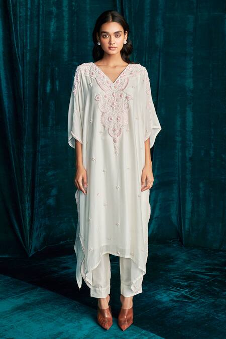 Buy Kashmiraa Ivory V-neck Embroidered Kaftan And Pant Set Online at Aza Fashions Buy_Kashmiraa_Ivory V-neck Embroidered Kaftan And Pant Set _Online_at_Aza_Fashions