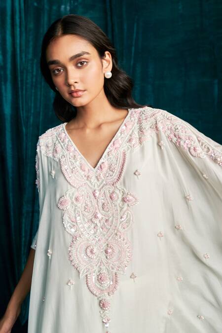 Shop Kashmiraa Ivory V-neck Embroidered Kaftan And Pant Set Online at Aza Fashions Shop_Kashmiraa_Ivory V-neck Embroidered Kaftan And Pant Set _Online_at_Aza_Fashions