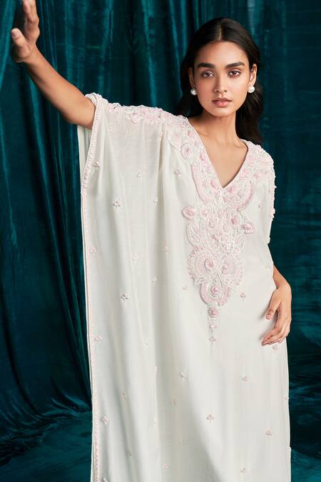 Kashmiraa Ivory V-neck Embroidered Kaftan And Pant Set at Aza Fashions Kashmiraa_Ivory V-neck Embroidered Kaftan And Pant Set _at_Aza_Fashions