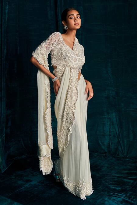 Kashmiraa Ivory Organza Pearls, Beads Sweetheart Neck Embroidered Saree And Blouse Set Online at Aza Fashions Kashmiraa_Ivory Organza Pearls, Beads Sweetheart Neck Embroidered Saree And Blouse Set _Online_at_Aza_Fashions
