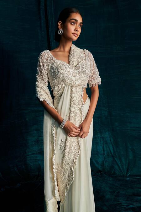 Buy Kashmiraa Ivory Organza Pearls, Beads Sweetheart Neck Embroidered Saree And Blouse Set Online at Aza Fashions Buy_Kashmiraa_Ivory Organza Pearls, Beads Sweetheart Neck Embroidered Saree And Blouse Set _Online_at_Aza_Fashions