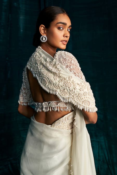 Shop Kashmiraa Ivory Organza Pearls, Beads Sweetheart Neck Embroidered Saree And Blouse Set at Aza Fashions Shop_Kashmiraa_Ivory Organza Pearls, Beads Sweetheart Neck Embroidered Saree And Blouse Set _at_Aza_Fashions