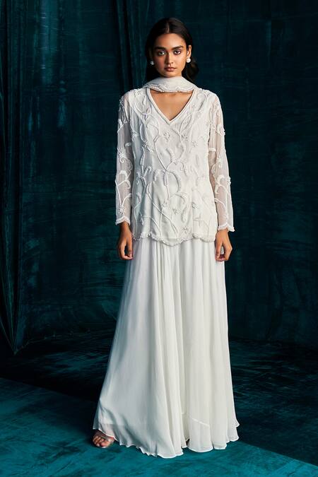 Kashmiraa_Ivory Organza, Georgette Pearls, Beads, Floral Work Kurta Sharara Set _Online_at_Aza_Fashions