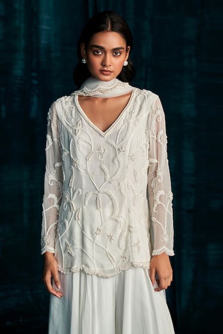 Buy_Kashmiraa_Ivory Organza, Georgette Pearls, Beads, Floral Work Kurta Sharara Set _Online_at_Aza_Fashions