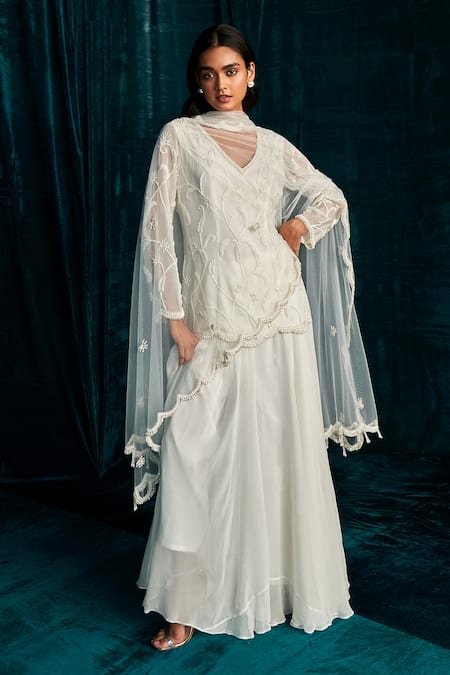 Shop_Kashmiraa_Ivory Organza, Georgette Pearls, Beads, Floral Work Kurta Sharara Set _Online_at_Aza_Fashions