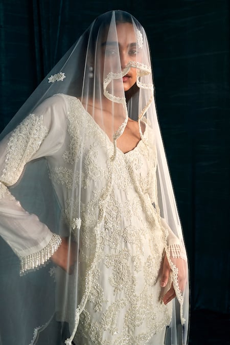 Kashmiraa_Ivory Organza, Georgette Pearls, Beads, Floral Work Kurta Sharara Set _at_Aza_Fashions