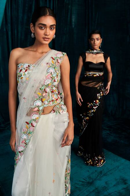 Kashmiraa_White Net Sequins, Cut Work, Embroidery Resham Saree And Corset Blouse Set _Online_at_Aza_Fashions