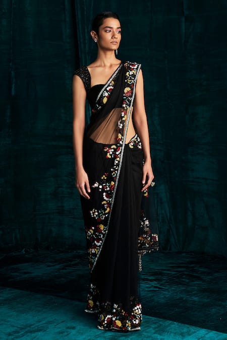 Kashmiraa_Black Net Cut Work, Sequins Sweetheart Embroidered Saree And Corset Blouse Set _Online_at_Aza_Fashions