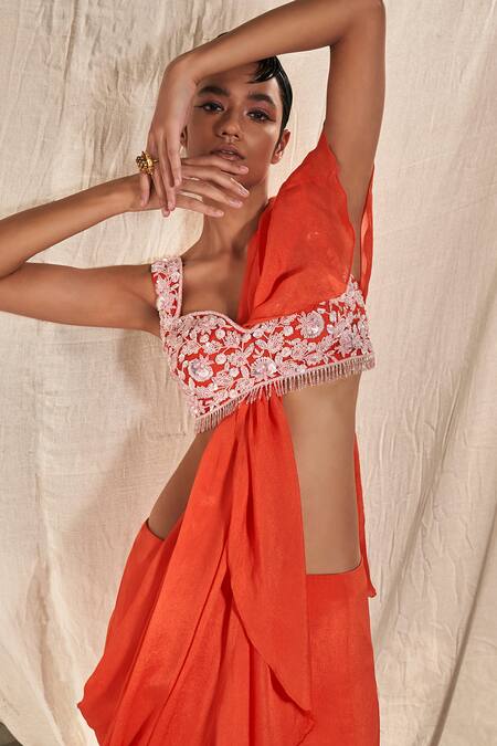 Buy_Kashmiraa_Multi Color Chiffon Cut Work, Sequins, Embroidered Pre-draped Ruffle Saree Set _Online_at_Aza_Fashions