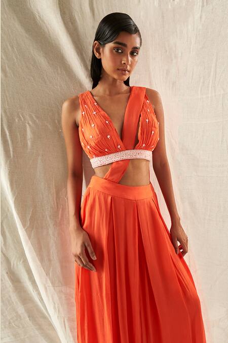 Kashmiraa_Orange Chiffon Sequins V-neck Embroidered Blouse And Pant Saree Set _Online_at_Aza_Fashions