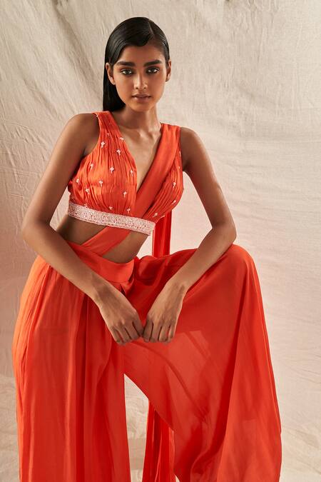 Buy_Kashmiraa_Orange Chiffon Sequins V-neck Embroidered Blouse And Pant Saree Set _Online_at_Aza_Fashions