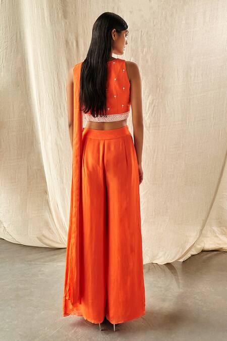 Shop_Kashmiraa_Orange Chiffon Sequins V-neck Embroidered Blouse And Pant Saree Set _Online_at_Aza_Fashions