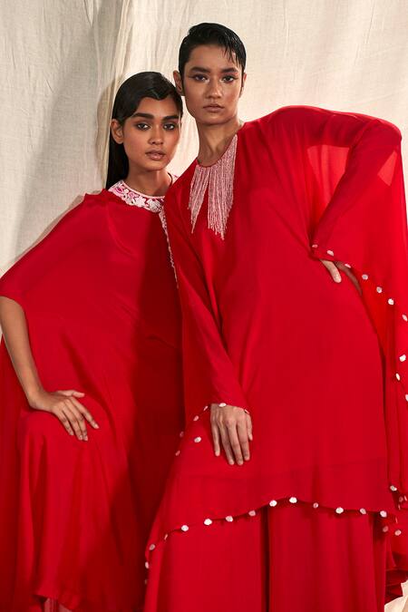 Kashmiraa_Red Chiffon Sequins V-neck Tasselled Yoke Kaftan And Pant Set _Online_at_Aza_Fashions