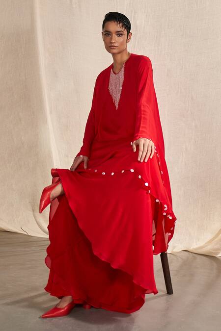 Shop_Kashmiraa_Red Chiffon Sequins V-neck Tasselled Yoke Kaftan And Pant Set _Online_at_Aza_Fashions