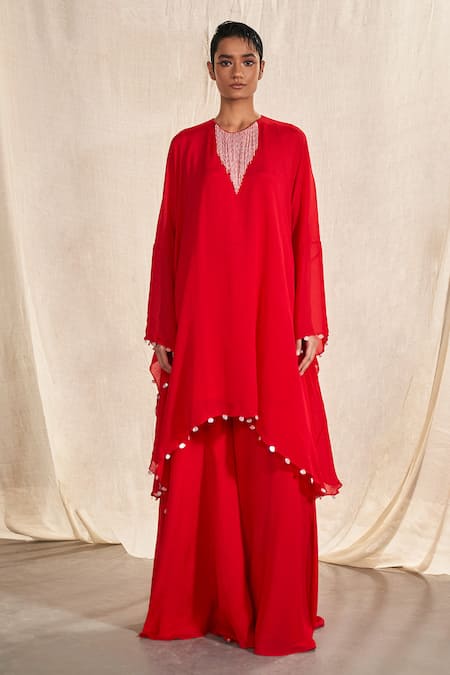 Kashmiraa_Red Chiffon Sequins V-neck Tasselled Yoke Kaftan And Pant Set _at_Aza_Fashions