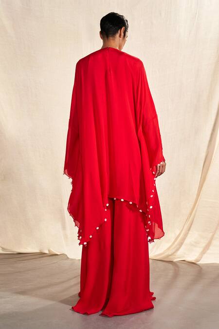 Shop_Kashmiraa_Red Chiffon Sequins V-neck Tasselled Yoke Kaftan And Pant Set _at_Aza_Fashions