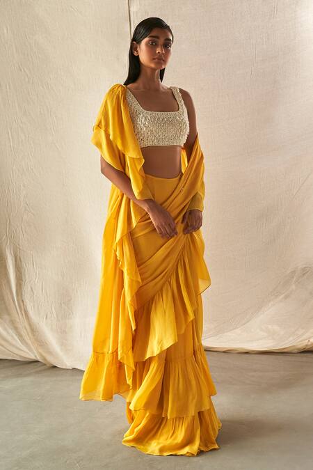 Kashmiraa Yellow Chiffon Sequins, Crystals Embroidered Blouse And Pre-draped Saree Set Online at Aza Fashions Kashmiraa_Yellow Chiffon Sequins, Crystals Embroidered Blouse And Pre-draped Saree Set _Online_at_Aza_Fashions