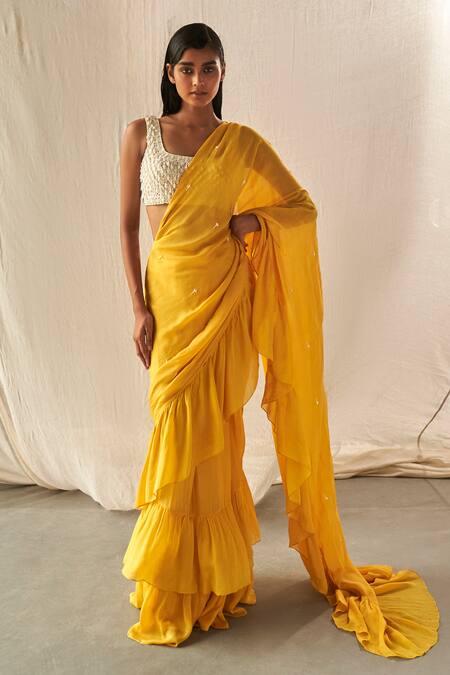Shop Kashmiraa Yellow Chiffon Sequins, Crystals Embroidered Blouse And Pre-draped Saree Set Online at Aza Fashions Shop_Kashmiraa_Yellow Chiffon Sequins, Crystals Embroidered Blouse And Pre-draped Saree Set _Online_at_Aza_Fashions